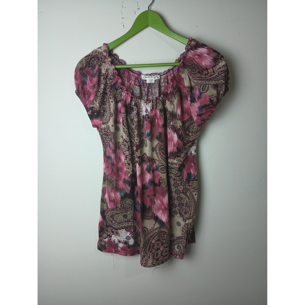Claudia Richard‎ Vintage Y2K Pink Paisley Ikat Print Blouse Short Sleeve Medium